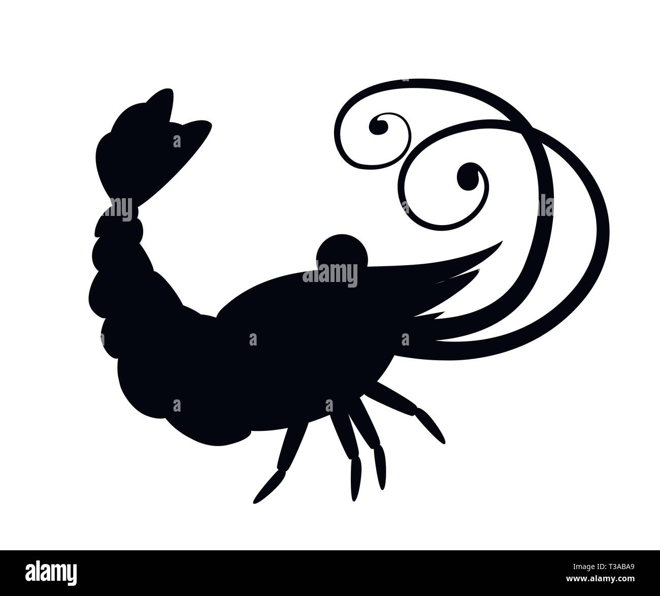 Silhouette nera. Simpatici gamberetti. Animali Cartoon character design. Nuoto crostacei. Piatto illustrazione vettore isolato su sfondo bianco. Illustrazione Vettoriale