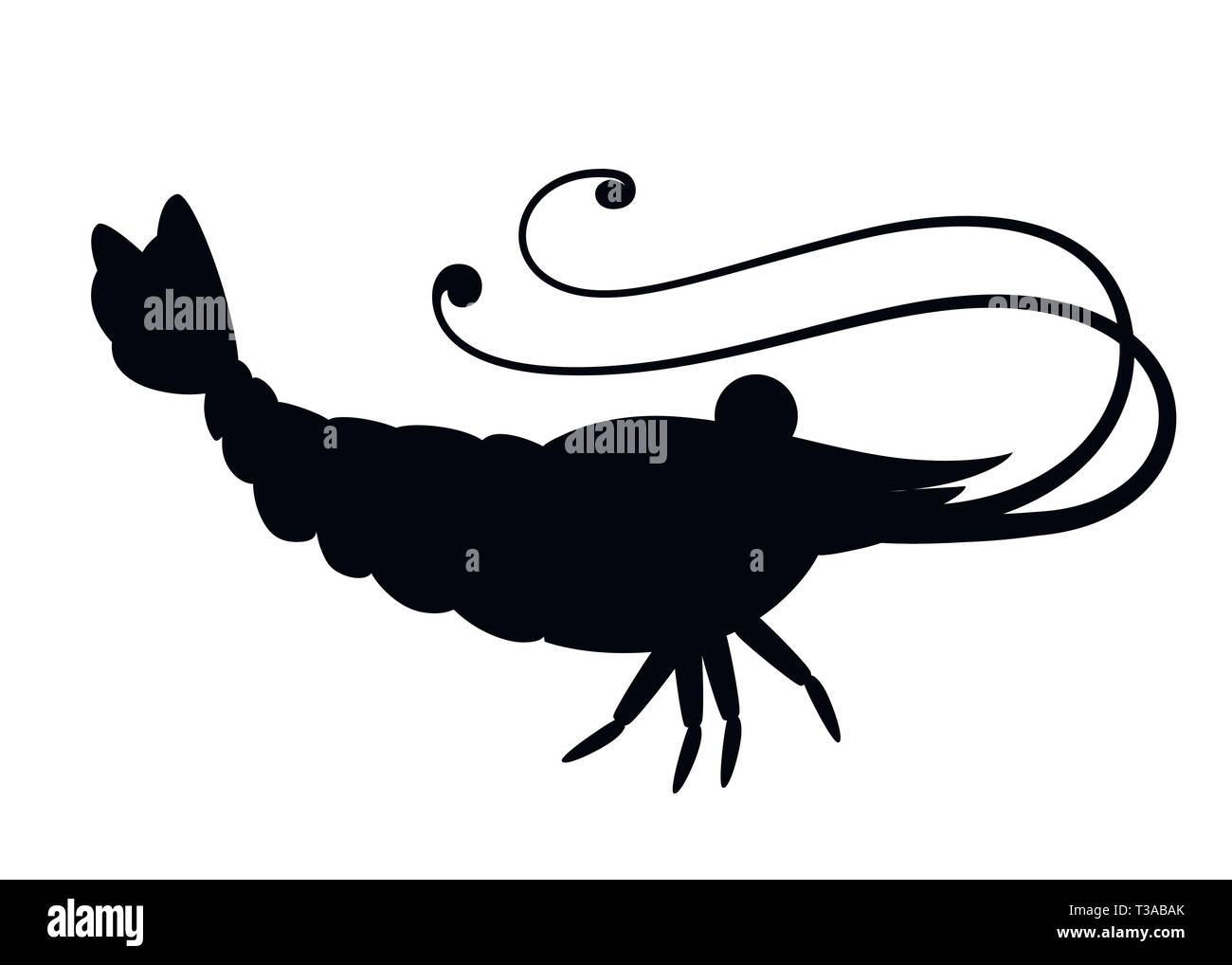 Silhouette nera. Simpatici gamberetti. Animali Cartoon character design. Nuoto crostacei. Piatto illustrazione vettore isolato su sfondo bianco. Illustrazione Vettoriale