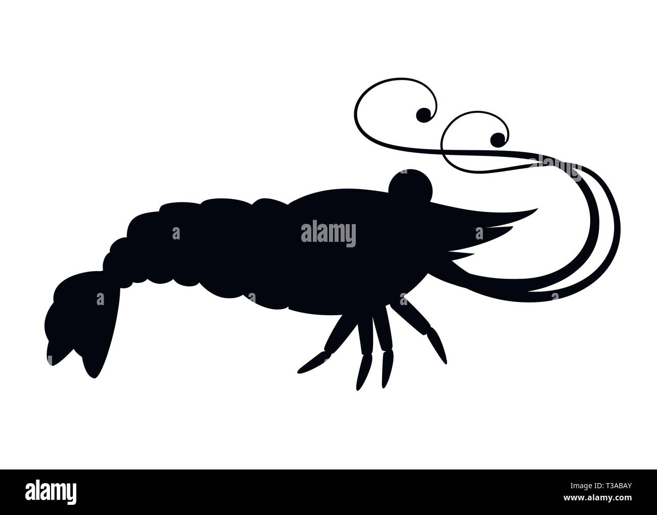 Silhouette nera. Simpatici gamberetti. Animali Cartoon character design. Nuoto crostacei. Piatto illustrazione vettore isolato su sfondo bianco. Illustrazione Vettoriale
