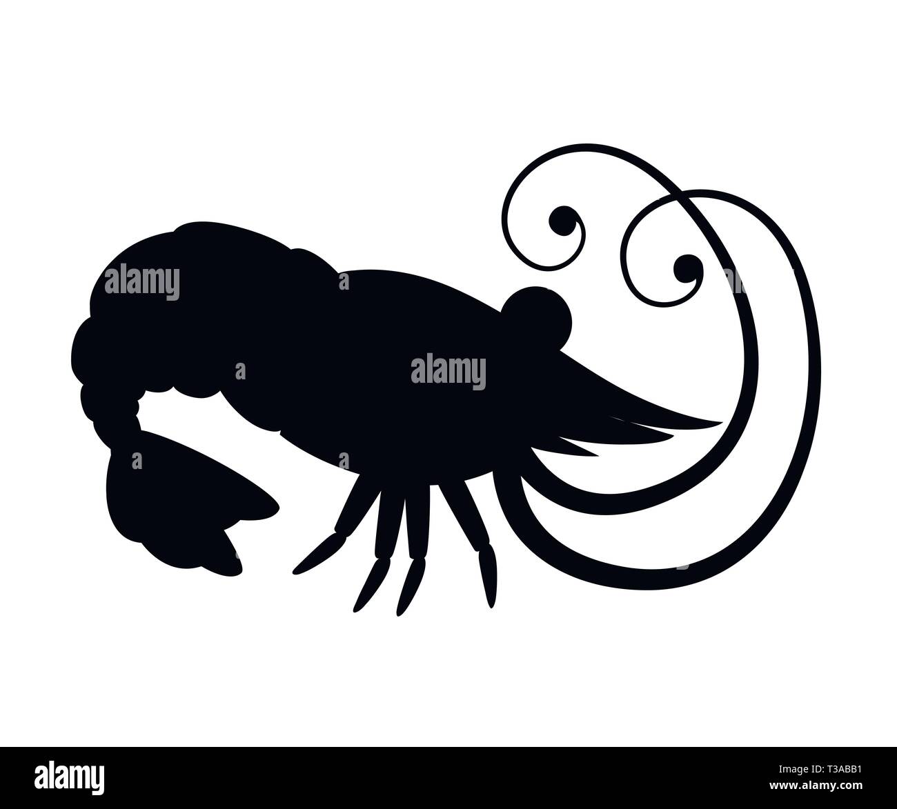 Silhouette nera. Simpatici gamberetti. Animali Cartoon character design. Nuoto crostacei. Piatto illustrazione vettore isolato su sfondo bianco. Illustrazione Vettoriale