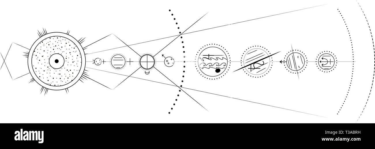 Il modello del sistema solare, in bianco e nero il minimo illustrazione vettoriale Illustrazione Vettoriale