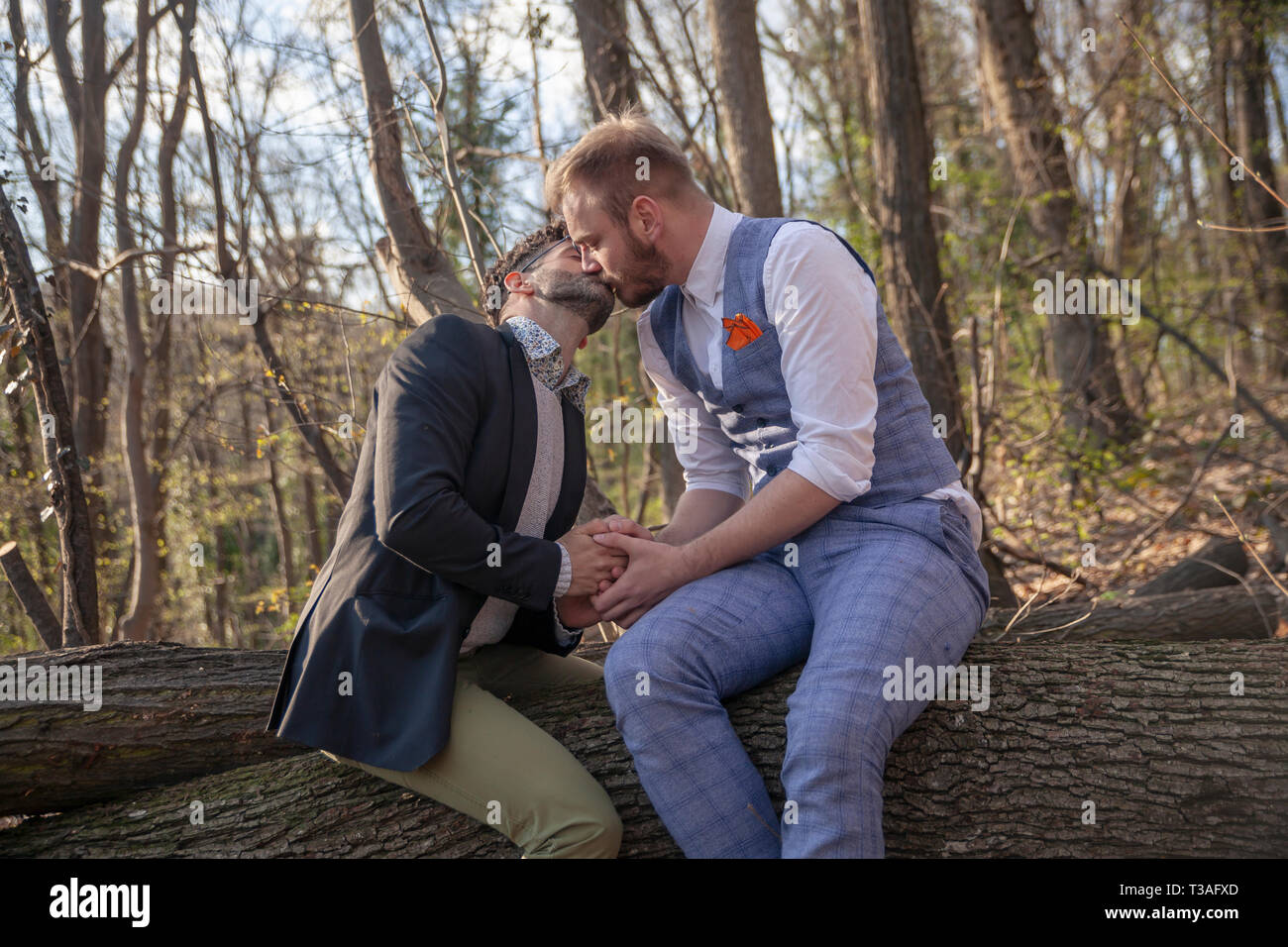 Due uomini, coppia gay, baciare e tenendo le mani insieme. seduta in legno e nei boschi. Foto Stock