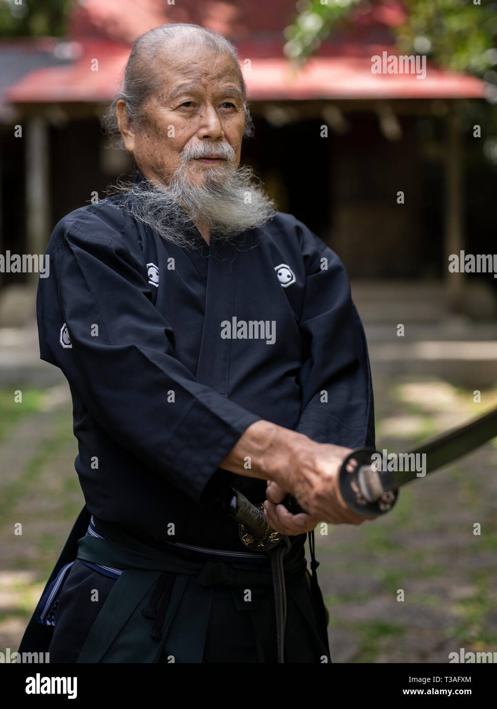 83-anno-vecchio Hisao Hamamoto, iaido master con la spada samurai di Okinawa in Giappone. Nome dello stile è Koden HachimanRyu Jissen BattoJutsu Hamamotoden BattoKai Foto Stock