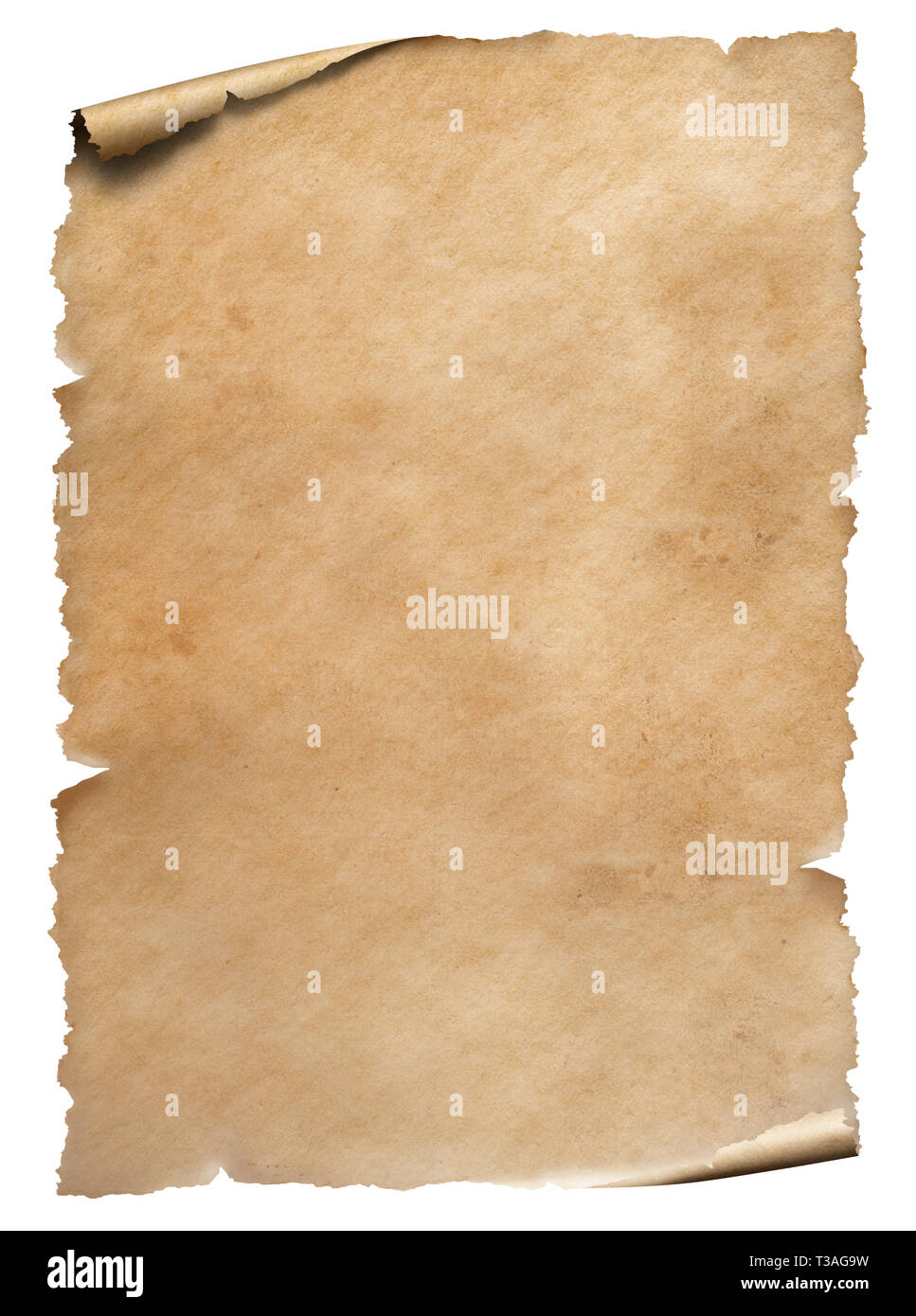 Vecchio usurato foglio di carta isolato su bianco Foto Stock