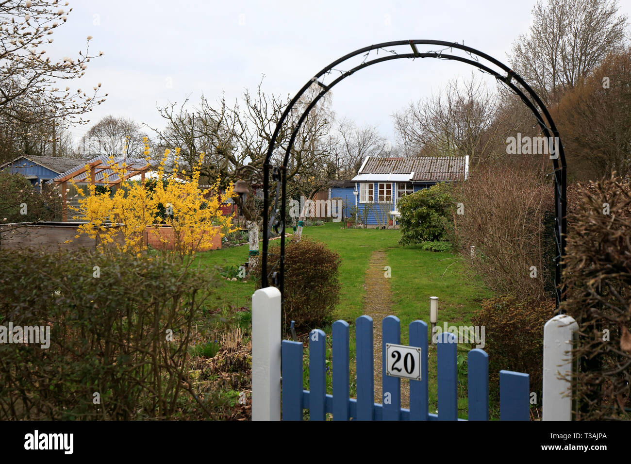 Un Kleingärten, Tedesco Giardino riparto nel quartiere Stellingen di Amburgo, Germania Foto Stock