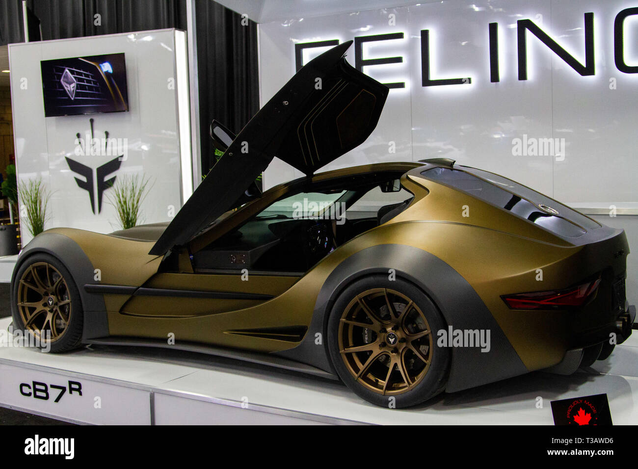 Edmonton, Alberta, Canada. 3 apr, 2019. Edmonton Motor Show auto Premier- Felino vetture annuncia il felino cB7r, uno dei soli 10 essendo realizzata e prodotta in Laval Quebec, Canada. Vendita al dettaglio per $365.000 cdn, il felino cB7 è personalizzato, una sola auto alla volta, secondo i gusti e le richieste del cliente. Le vetture sono in grado di raggiungere velocità superiori a 300 km/h. 2 del cB7r sono già venduti e uno era già stato consegnato. La sua sorella modello cB7 è più leggero e più potente. Credito: Ron Palmer/SOPA Immagini/ZUMA filo/Alamy Live News Foto Stock