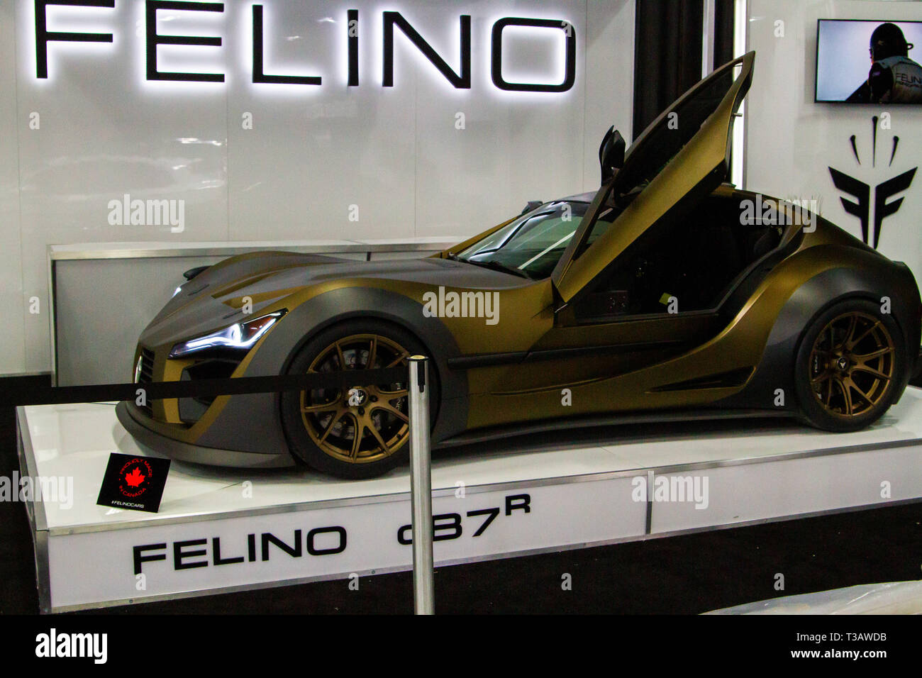 Edmonton, Alberta, Canada. 3 apr, 2019. Edmonton Motor Show auto Premier- Felino vetture annuncia il felino cB7r, uno dei soli 10 essendo realizzata e prodotta in Laval Quebec, Canada. Vendita al dettaglio per $365.000 cdn, il felino cB7 è personalizzato, una sola auto alla volta, secondo i gusti e le richieste del cliente. Le vetture sono in grado di raggiungere velocità superiori a 300 km/h. 2 del cB7r sono già venduti e uno era già stato consegnato. La sua sorella modello cB7 è più leggero e più potente. Credito: Ron Palmer/SOPA Immagini/ZUMA filo/Alamy Live News Foto Stock