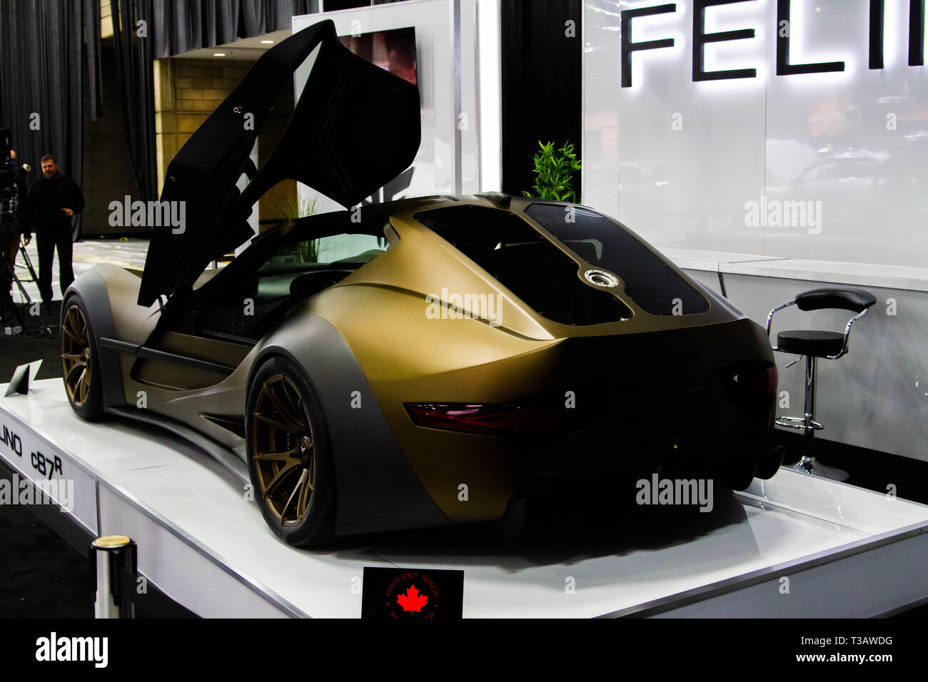 Edmonton, Alberta, Canada. 3 apr, 2019. Edmonton Motor Show auto Premier- Felino vetture annuncia il felino cB7r, uno dei soli 10 essendo realizzata e prodotta in Laval Quebec, Canada. Vendita al dettaglio per $365.000 cdn, il felino cB7 è personalizzato, una sola auto alla volta, secondo i gusti e le richieste del cliente. Le vetture sono in grado di raggiungere velocità superiori a 300 km/h. 2 del cB7r sono già venduti e uno era già stato consegnato. La sua sorella modello cB7 è più leggero e più potente. Credito: Ron Palmer/SOPA Immagini/ZUMA filo/Alamy Live News Foto Stock