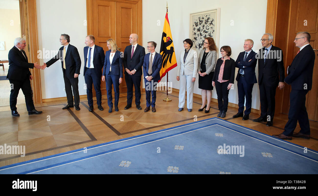 Berlino, Germania. 08 apr, 2019. Frank-Walter Steinmeier (l), Presidente della Repubblica federale di Germania, riceve gli economisti a Schloss Bellevue per una discussione suTedesco-francese proposte di riforma e l' approfondimento dell' Unione economica e monetaria europea. L-r: Presidente federale Frank-Walter Steinmeier, Jeromin Zettelmeyer, Clemens Fuest, Beatrice Weder di Mauro, Marcel Fratzscher, Philippe Martin, Agnes Benassy-Quere, Isabel Schnabel, Helene Rey, Henrik Enderlein, Jean Pisani-Ferry e Stephan Steinlein, capo dell'Ufficio del Presidente federale. Credito: Wolfgang Kumm/dpa/Alamy Live News Foto Stock