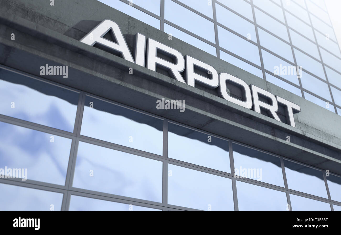 Digital Signage sopra l'entrata di un moderno aeroporto generico edificio costruito in cemento esposte e vetro riflettente di giorno - 3D render Foto Stock