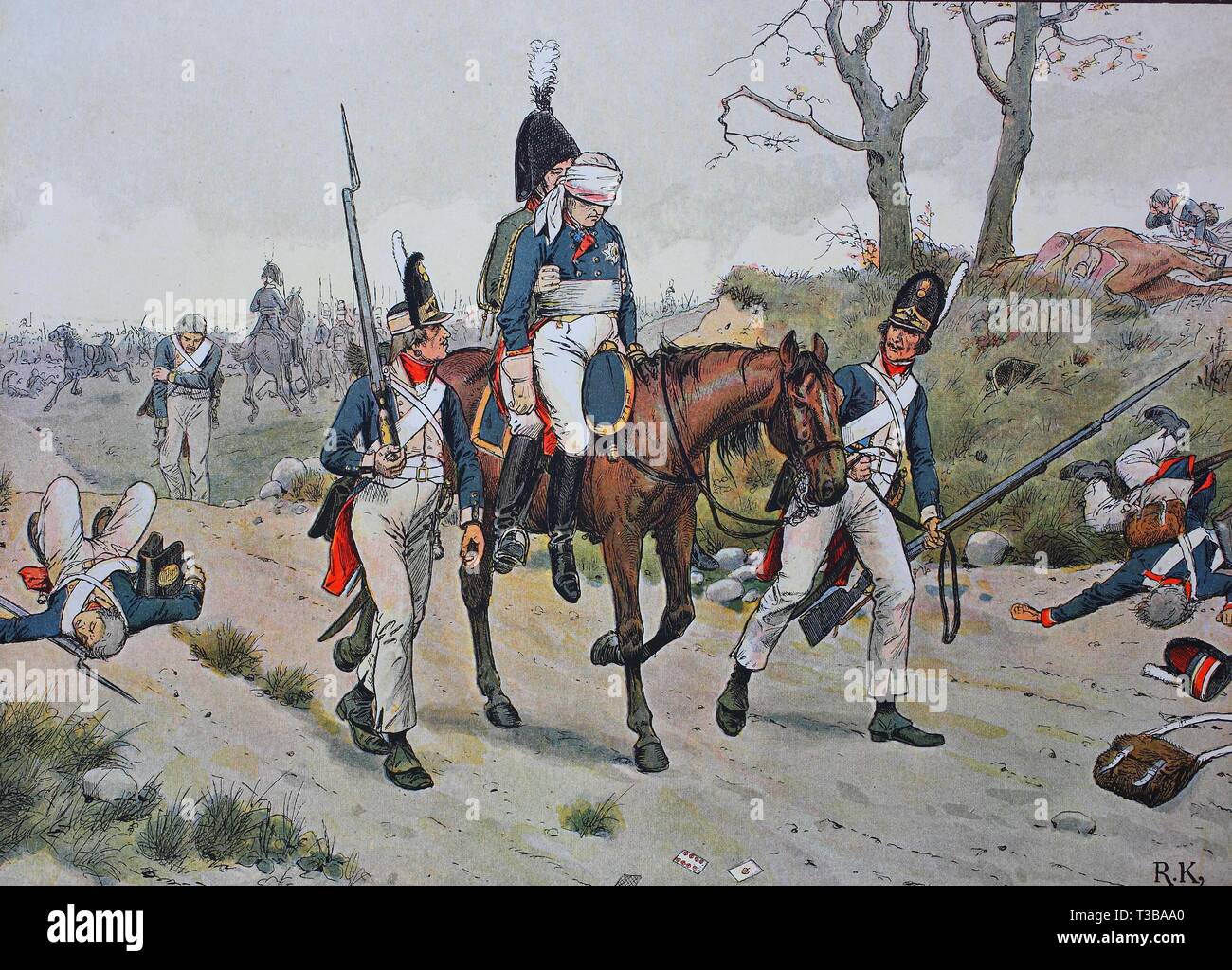 Il gemello di battaglie di Jena e di Auerstedt, 14 ottobre 1806, tra le forze di Napoleone I di Francia e Federico Guglielmo III di Prussia, ferito venduti Foto Stock