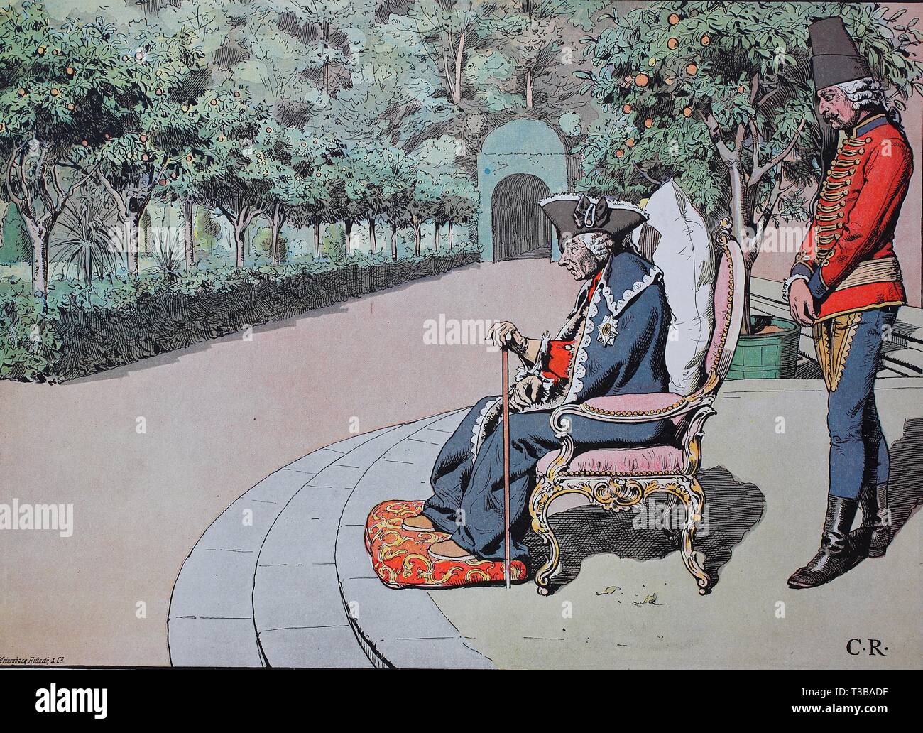 Il re Federico il Grande Federico II di Svevia, Friedrich Der Große, Friedrich II. 1712-1786 nei suoi ultimi giorni sulla terrazza di Sanssouci, Germania, 1786, la sua Foto Stock