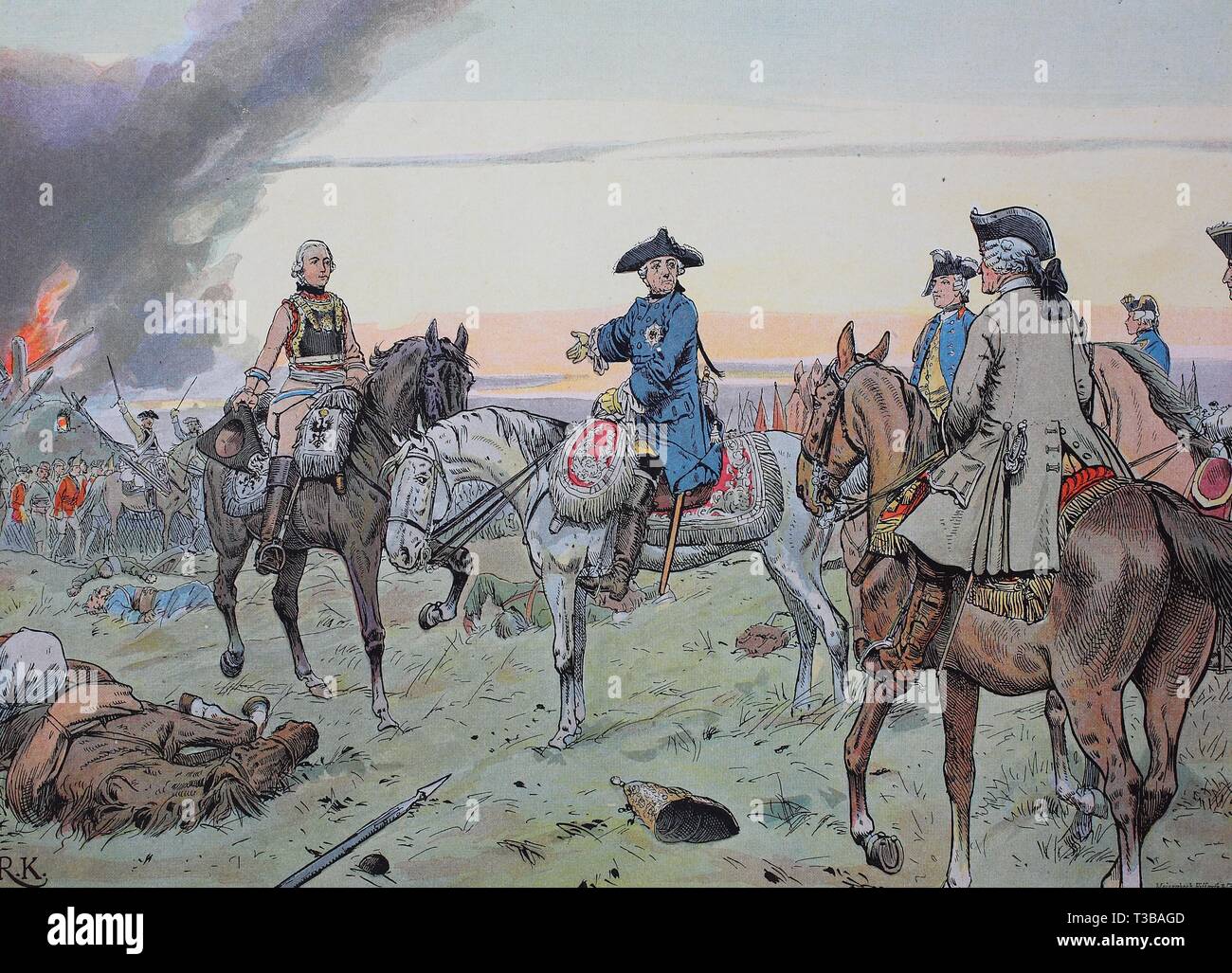 Sette anni di guerra, conflitto globale combattuta tra il 1756 e il 1763, la battaglia di Zorndorf, combattuta il 25 agosto 1758, il re Federico il Grande, Federico Foto Stock