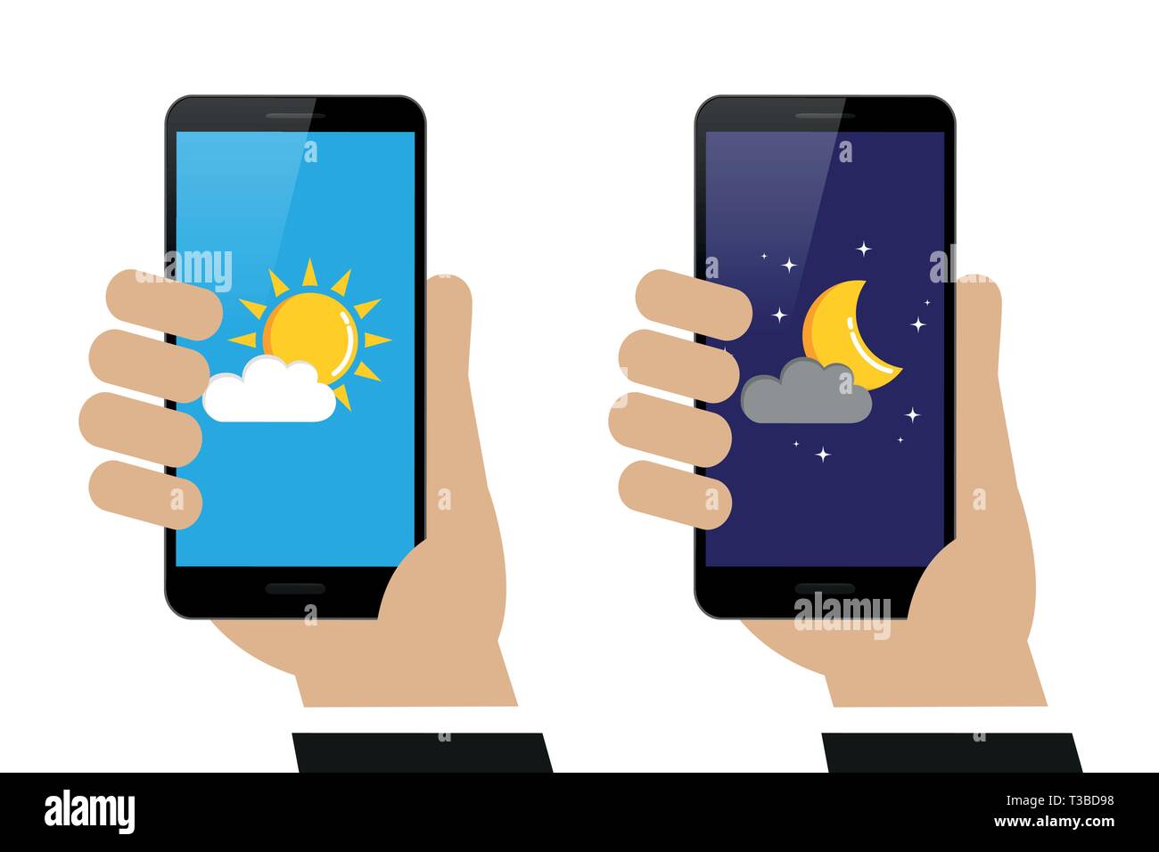 Mano trattiene smartphone con meteo giorno e notte isolati su sfondo bianco illustrazione vettoriale EPS10 Illustrazione Vettoriale
