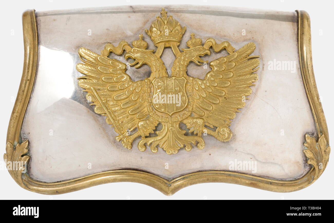 Una scatola della cartuccia per un ufficiale di cavalleria, K.u.K. Scuola di cavalleria per Cadetti 1907 scatola della cartuccia con un argento placcato con cuscinetto a coperchio un aquila dorata, bordo dorato trim e placcati in argento i pannelli laterali. Il lato della scatola al di sotto del coperchio è realizzato in lastra d'argento, con un rilievo aquila araldica nel centro circondato dalla scritta "K.u.K. Kavalleriekadettenschule Mährisch Weisskirchen" (scuola di cavalleria per cadetti, Weisskirchen, Moravia), e timbrati con 34 nomi dei cadetti della classe di 1903 - 1907 insieme con la firma di facsimile, 'Gablenz'. Th, Additional-Rights-Clearance-Info-Not-Available Foto Stock
