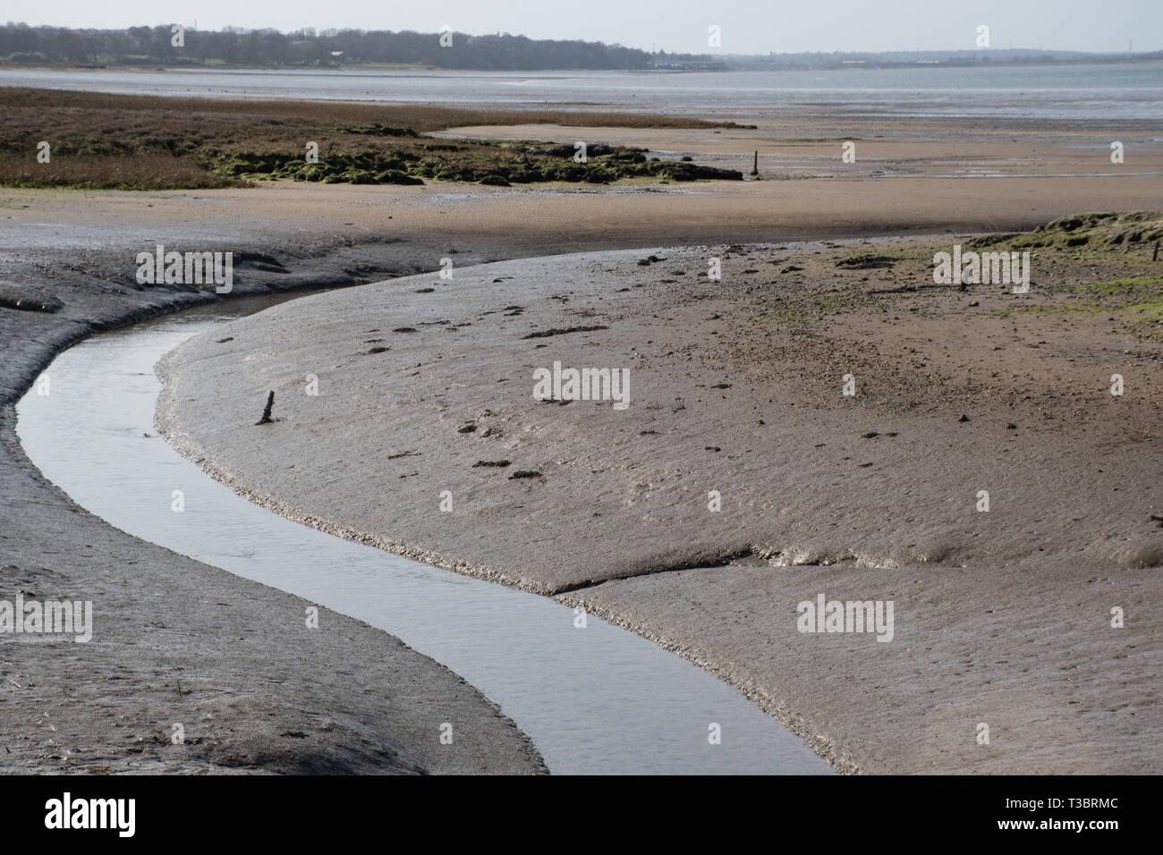 Flusso di avvolgimento in fango estuario del regno unito a bassa marea Foto Stock