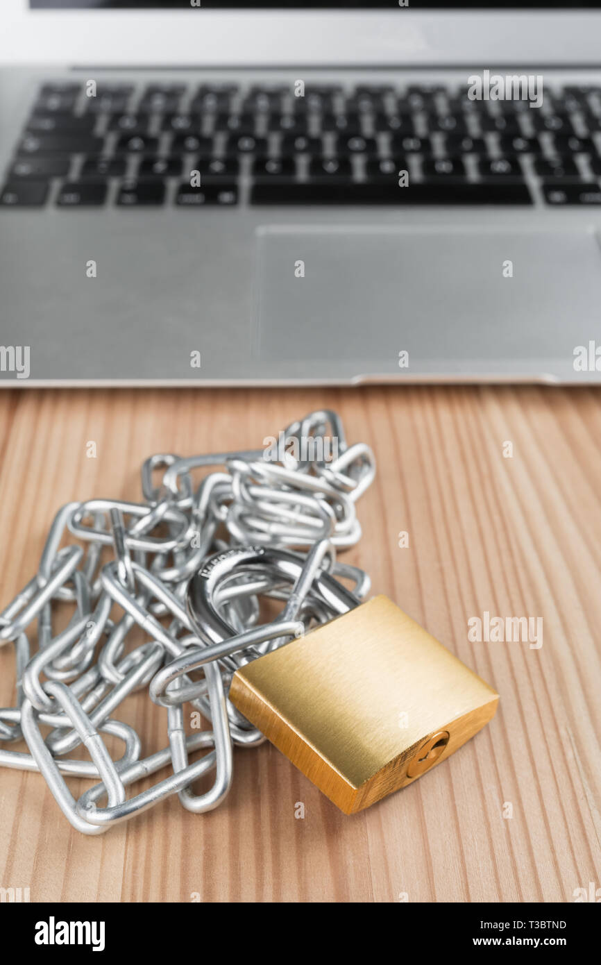Il lucchetto e catena con computer laptop. Cyber security concetto astratto. Orientamento verticale. Foto Stock
