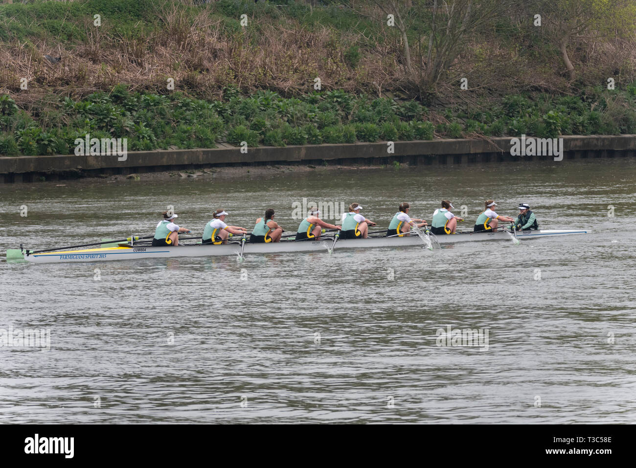 Donne Gara di riserva al 2019 University Boat Race al traguardo Mortlake, Londra, Regno Unito. Cambridge Blondie donne. Foto Stock