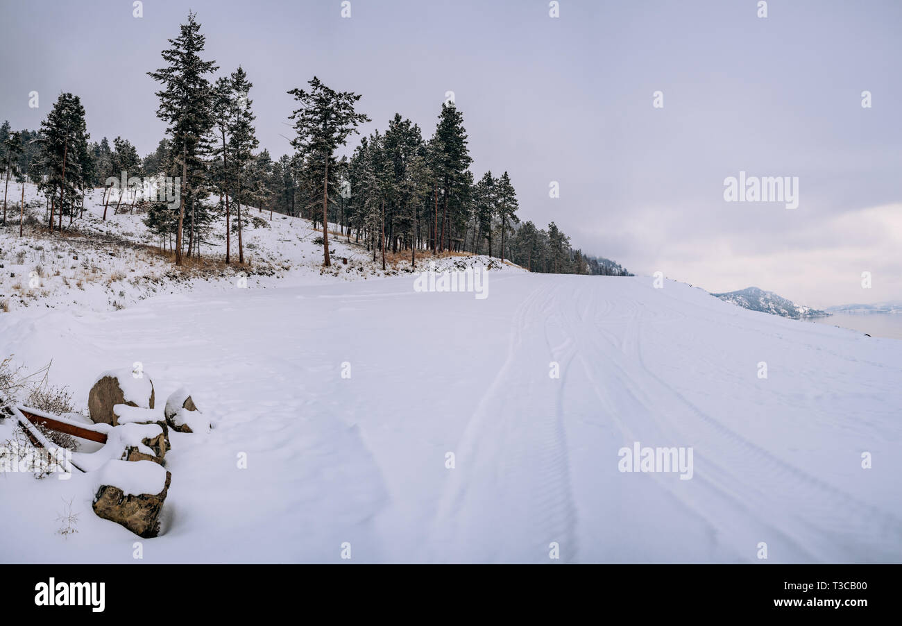 Nevicava e sottozero paesaggio giorno - Kelowna, British Columbia, Canada, Okanagan Valley - Immagine Foto Stock