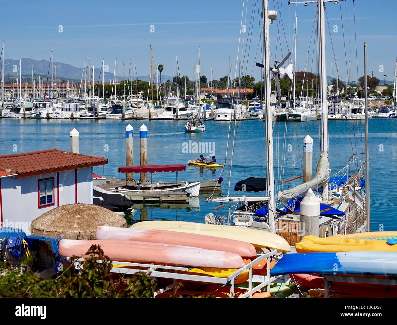 Commerciale e ricreativo/imbarcazioni da diporto ormeggiate al Marina, più persone in un kayak, Ventura Harbor, Ventura, California, Stati Uniti d'America. Foto Stock