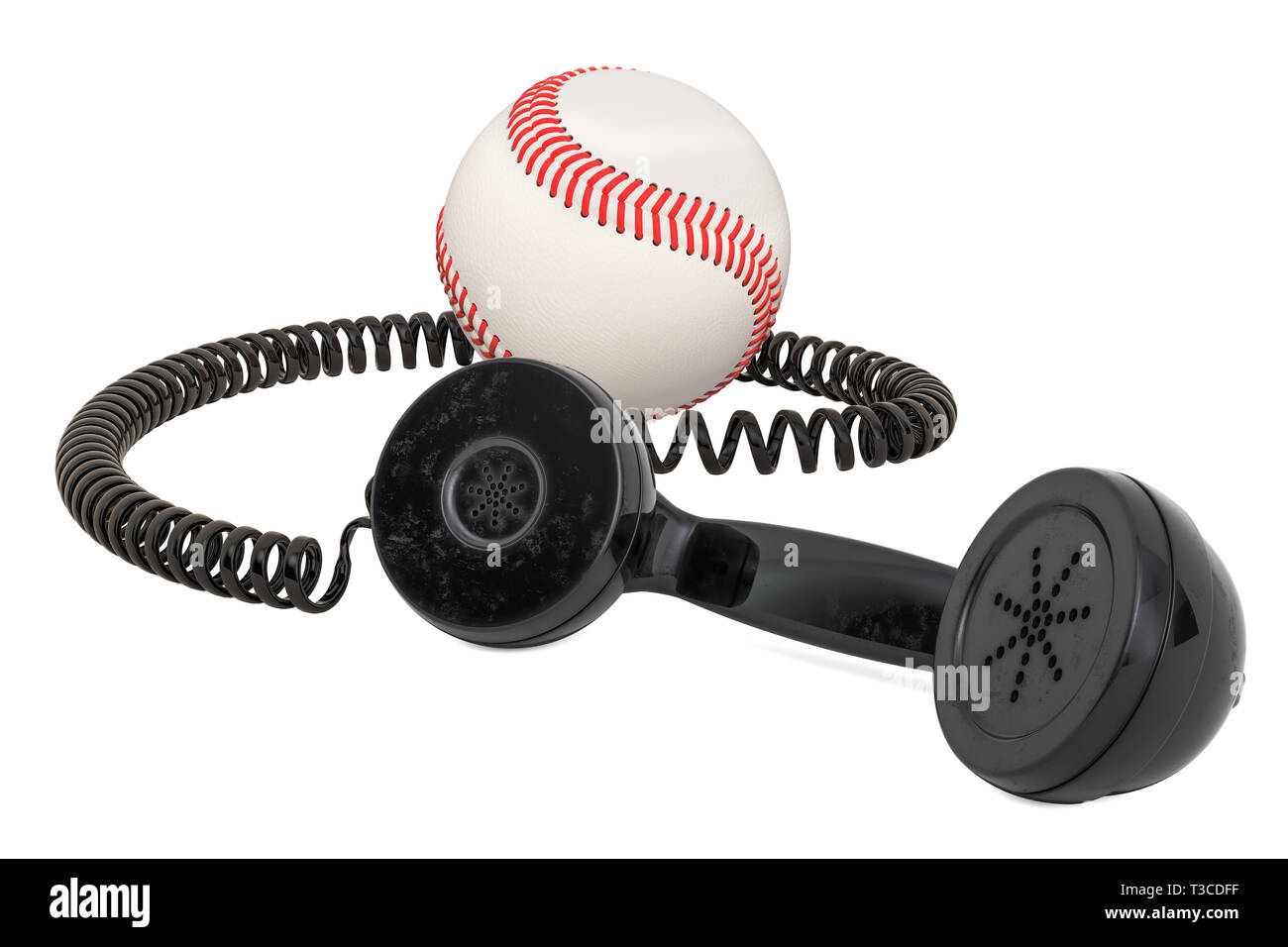 Ricevitore telefonico con palla da baseball, rendering 3D isolati su sfondo bianco Foto Stock