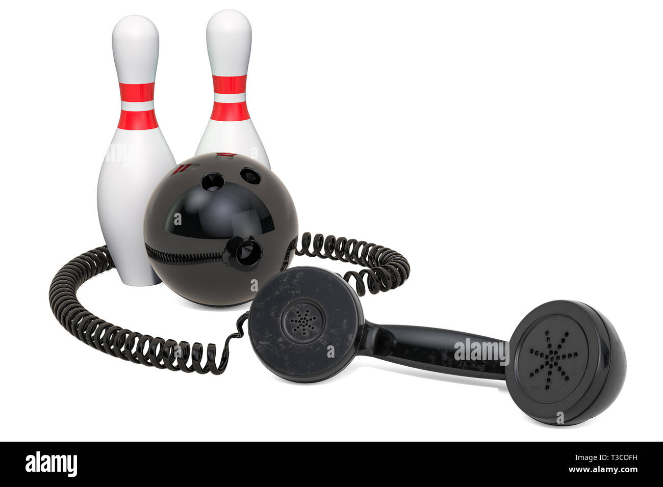 Ricevitore telefonico con palla da bowling e birilli, rendering 3D isolati su sfondo bianco Foto Stock