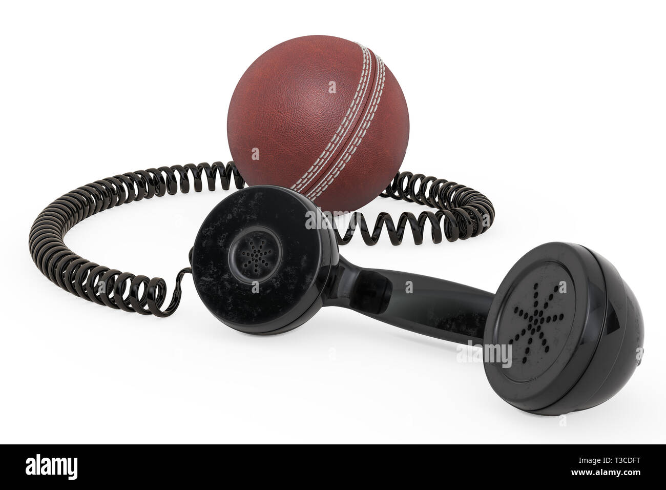 Ricevitore telefonico con sfera di cricket, rendering 3D isolati su sfondo bianco Foto Stock