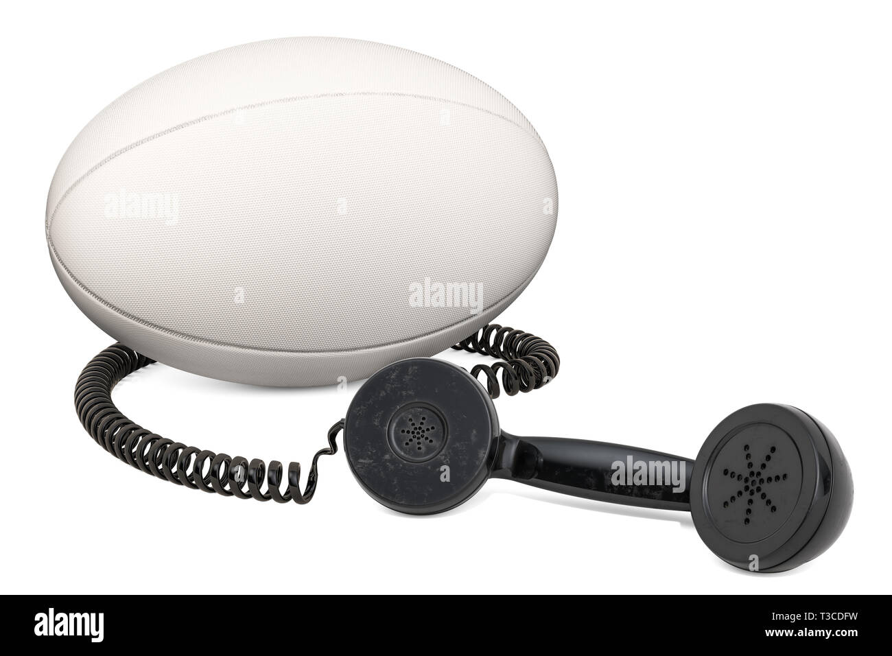 Ricevitore telefonico con palla da rugby, rendering 3D isolati su sfondo bianco Foto Stock