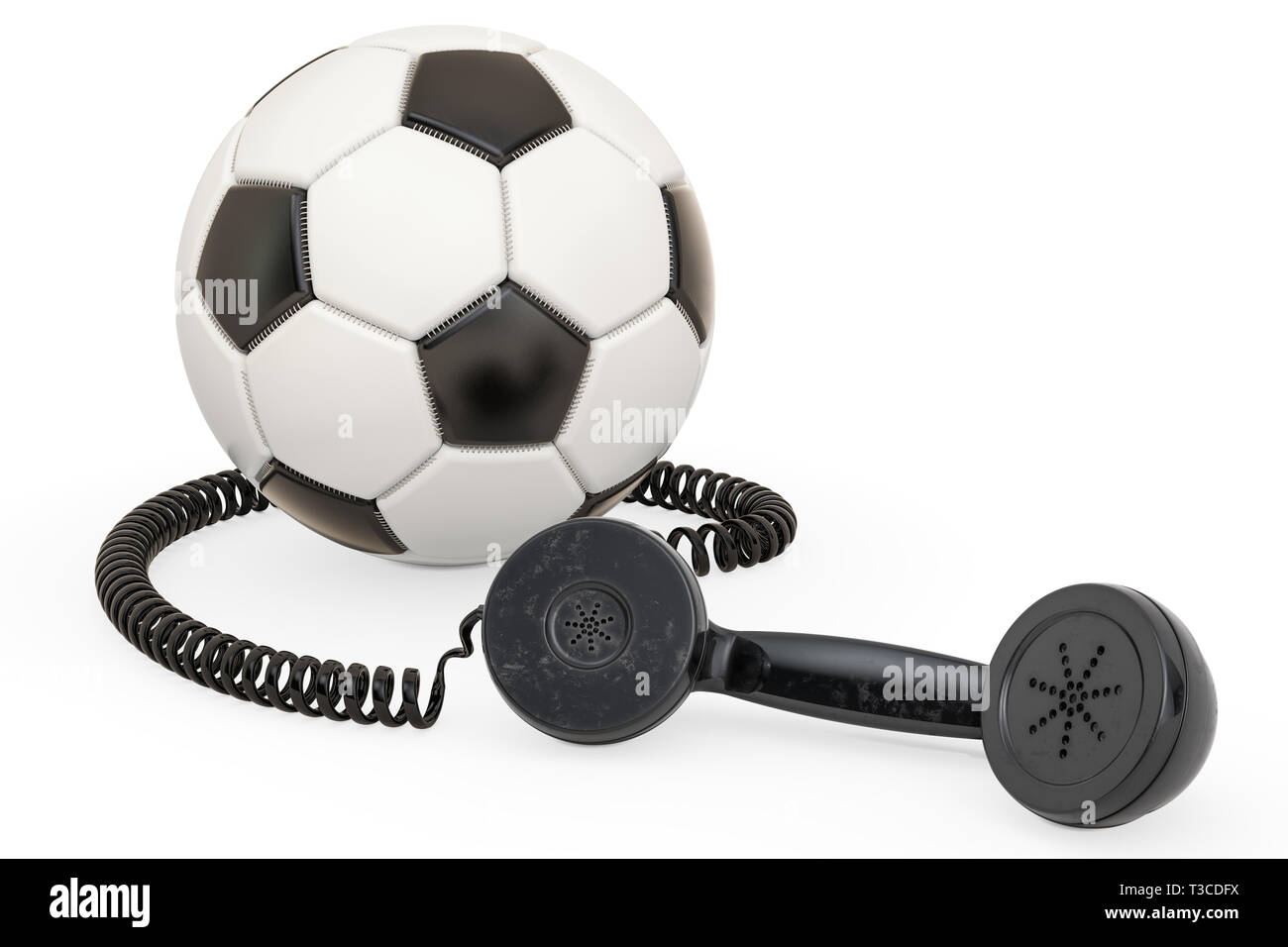 Ricevitore telefonico con pallone da calcio, rendering 3D isolati su sfondo bianco Foto Stock