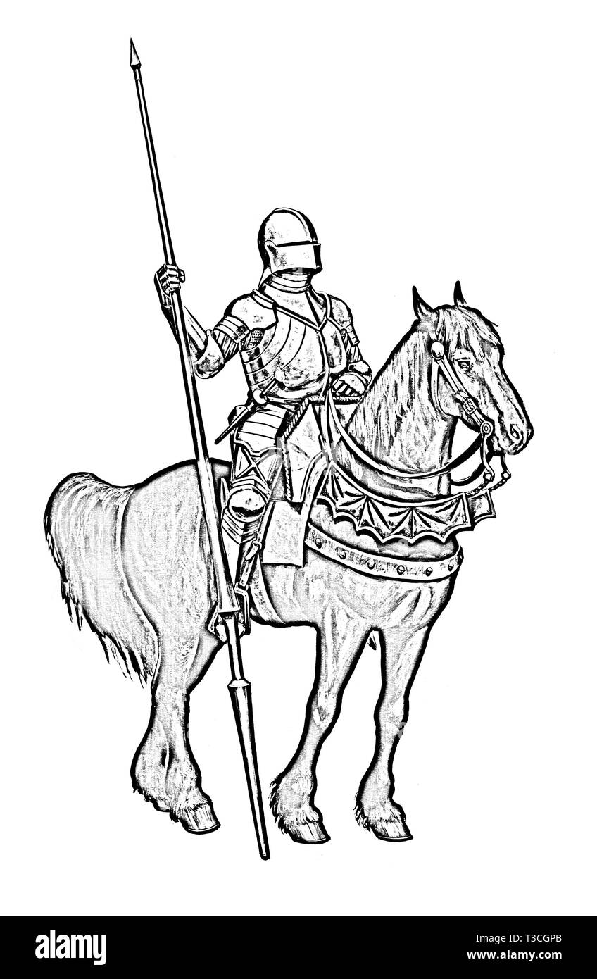 Cavaliere armato illustrazione. Cavaliere montato isolato in bianco e nero il disegno. Foto Stock