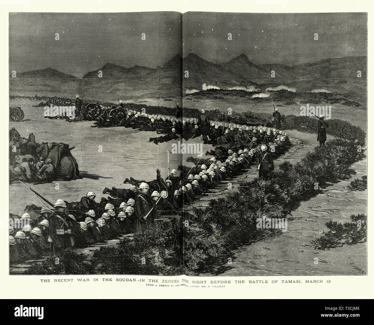 Le truppe britanniche in zeriba (Recinto) la notte prima della battaglia di Tamasi, Marzo 18, Sudan, Guerra Mahdist Foto Stock