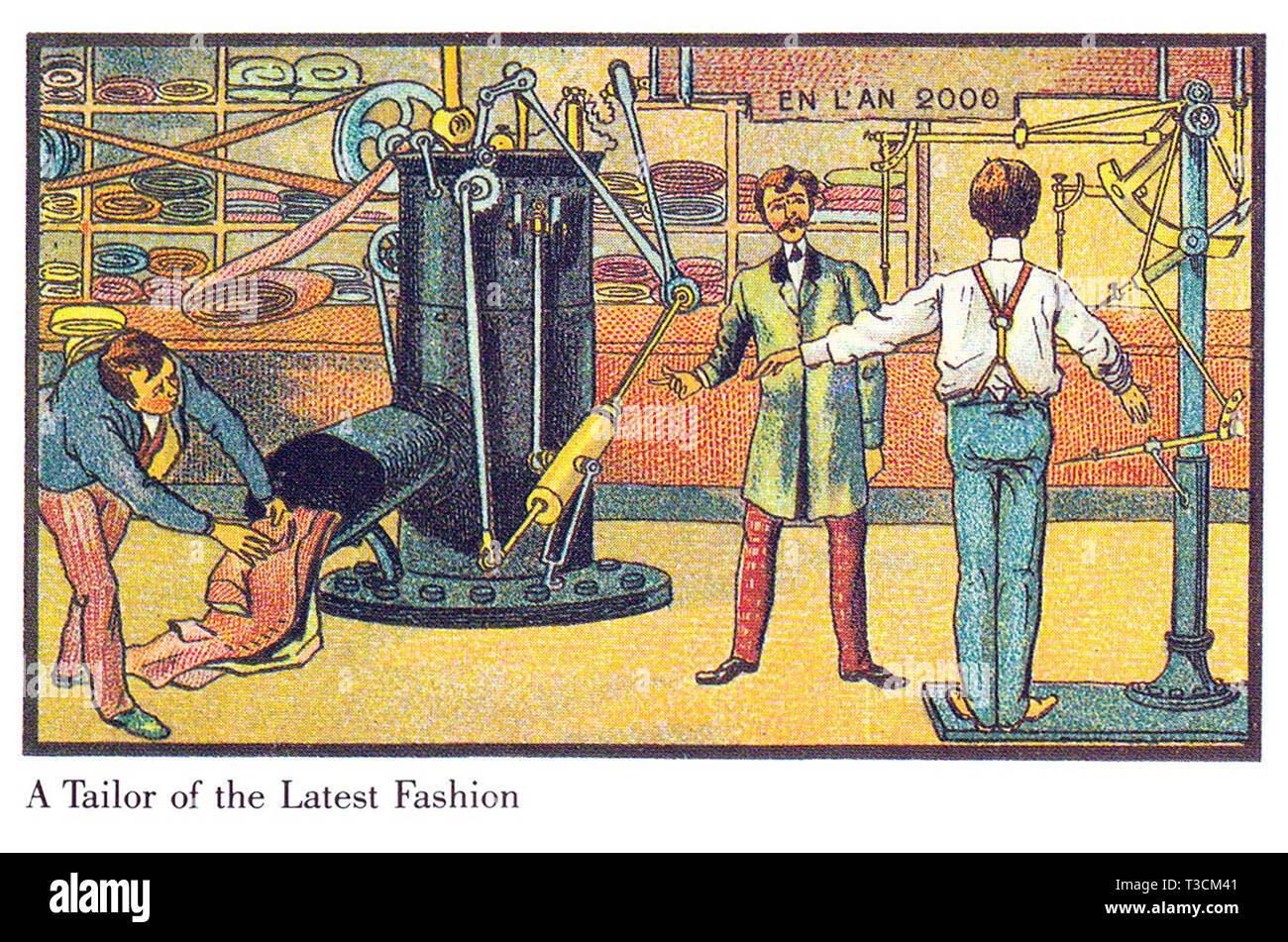 Nell'anno 2000 serie francese di illustrazioni pubblicati tra il 1899 e il 1910 immaginario che mostra i progressi tecnologici. L'ultima moda per uomo prodotta automaticamente. Foto Stock