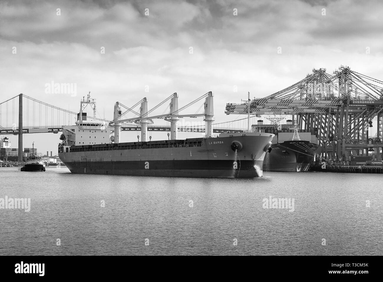 Foto in bianco e nero del Bulk Carrier, La Bamba, scortato da rimorchiatori di lasciare il porto di Los Angeles, California, USA. Foto Stock