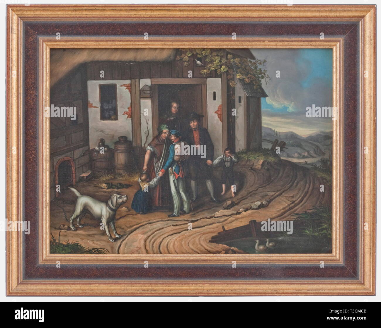 H. Bogner, Abschied des Soldaten (addio del soldato) una pittura di genere, olio su una lastra di ferro, in basso a destra firmato "H Bogner inventare et pinx 1838', le dimensioni della foto 43 x 32 cm. Nuovo telaio. Un tenuto, completamente accessoriate fantassin dice addio alla sua famiglia dopo la sua casa a lasciare il suo genitore di cascina. Bella e un po' ingenuo, illustrazione Biedermeier. In Baviera i fanti aveva solo per rimanere con le truppe per circa un terzo del tempo dei loro tre anni di servizio, il resto del tempo che sono stati a casa e su chiamata. histor, Additional-Rights-Clearance-Info-Not-Available Foto Stock