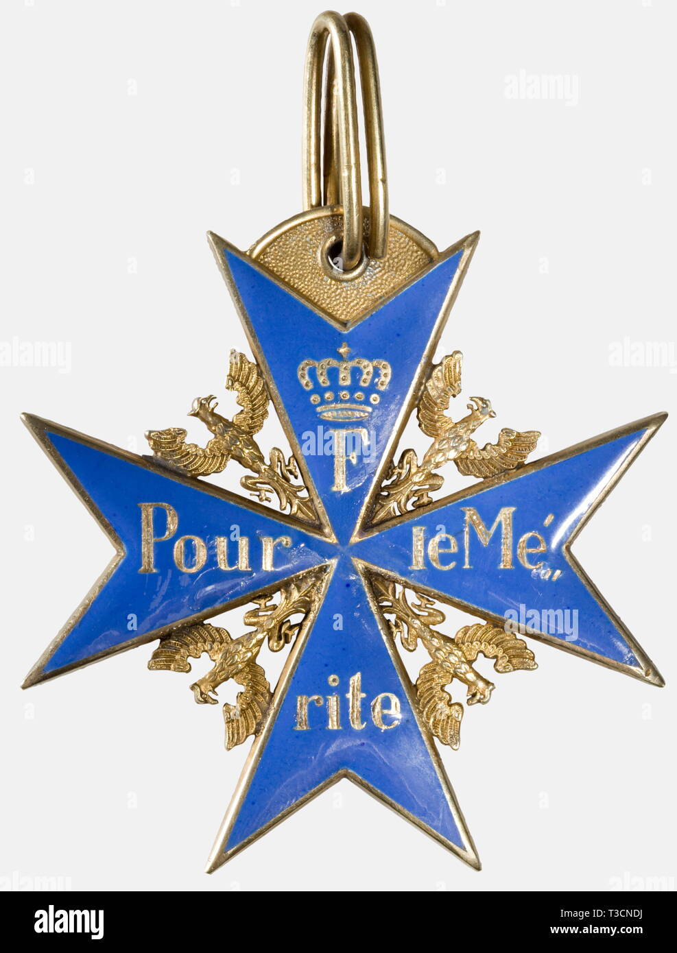 La Prussia, Ordine pour le mérite, non aggiudicati esempio argento dorato, peso 28 g, smalto azzurro, ben restaurata chip su complementare. Saldato separatamente aquile di alta qualità. L'occhiello segmentata è punzonato "J.G.U.S.' per Jean Godet und Sohn nonché con finezza marchio '938'. Anello di sospensione punzonati '800'. Questo pezzo risale a prima del 1924, al quale punto il J. Godet & Figlio impresa è stato preso in consegna dalla ditta Wilm. Qualità alta gioielleria realizzata di pezzo dall'immediato dopoguerra. Un vecchio caso è incluso. storica, storica del XIX secolo, Meda, Additional-Rights-Clearance-Info-Not-Available Foto Stock