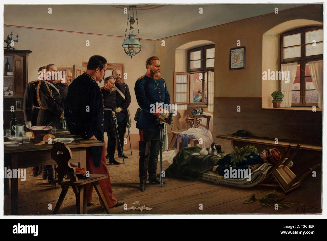 E. Semmler (1888 -?) basato su Anton von Werner, principe ereditario Friedrich con il cadavere di Douay generale Olio su tela, le dimensioni dell'immagine 84 x 126 cm, firmato in basso a destra "E. Semmler'. Copia sulla base del famoso dipinto di Anton von Werner che è stato creato nel 1890 e raffigura la scena del 4 agosto 1870 in Weißenburg. Il generale francese Abel Douay è stato ucciso dall'artiglieria prussiana mentre difendeva il castello a Geisberg vicino Weißenburg. Nel pomeriggio il principe ereditario Friedrich Wilhelm pagato il suo ultimo omaggio alla salma. , Additional-Rights-Clearance-Info-Not-Available Foto Stock