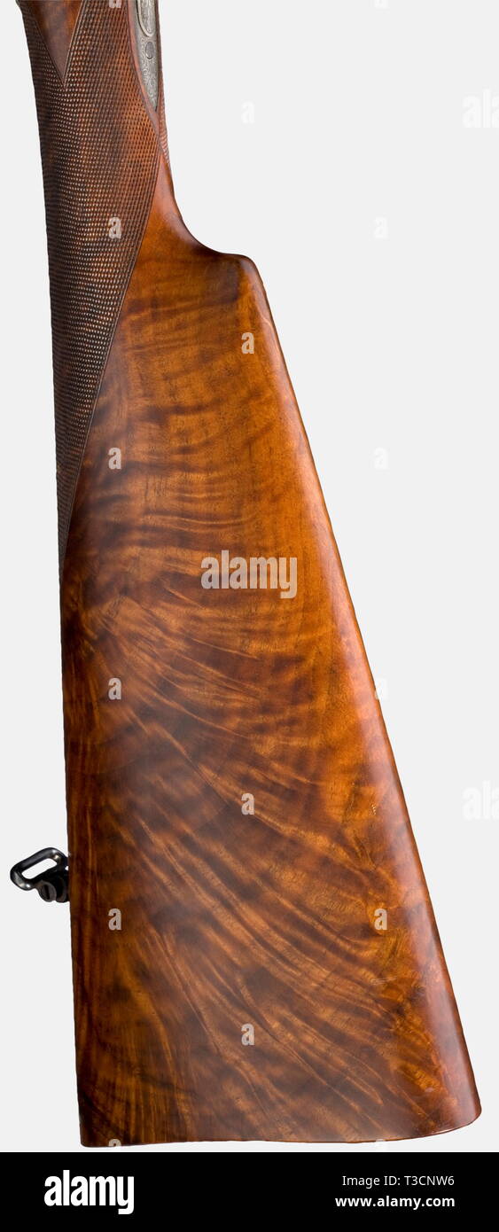 Una splendida da lato a lato, shotgun Martin Kruschitz jun. in Vienna, circa 1973, 12/70 cal., n. 25.2181. Simili a specchio alesaggi, solo più minimale segni di utilizzo, finitura sottile in luoghi, scritto: 'BÖHLER RASANT' e in oro sul controfiletto lavorata 'M. KRUSCHITZ-Wien", 1973 Vienna prova mark, choke 3/4, 1/1, cordone bianco occhi, lunghezza 67,5 cm. Bullone più ecologici con doppio cilindro di bloccaggio a gancio, real serrature laterali à la Holland & Holland dorato con leve di armamento, colpendo pezzi, trigger e barre di cattura, dorate a doppio grilletto, articolata trigger anteriore, far scorrere la sicurezza su sma, Additional-Rights-Clearance-Info-Not-Available Foto Stock