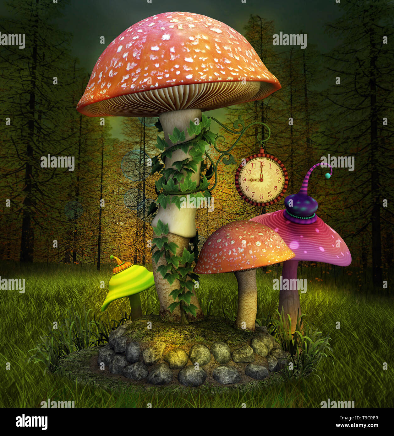 Elf luogo incantato con funghi colorati Foto Stock