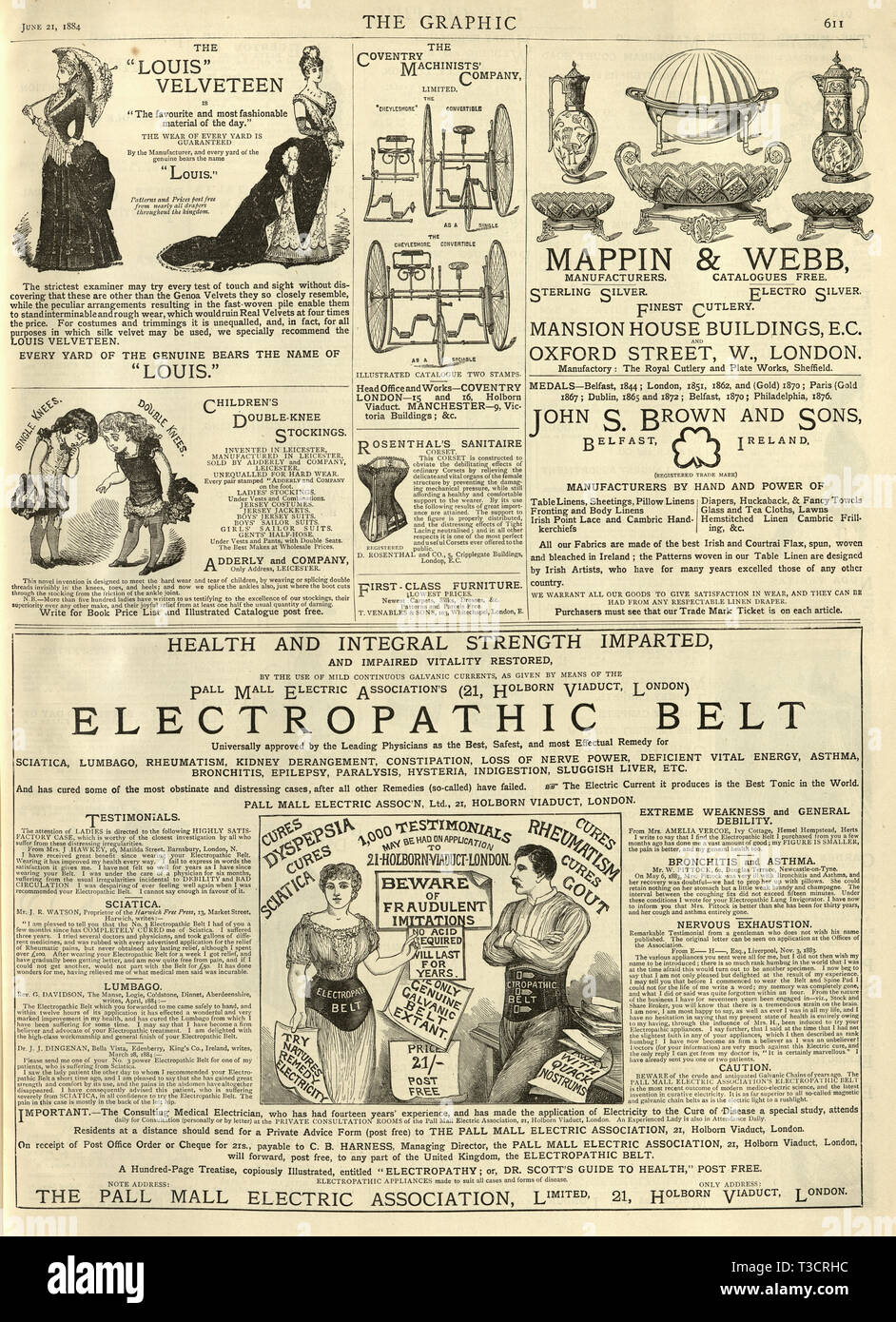 Pagina di inserzioni vittoriano dal grafico illustrato giornale, 1884, XIX secolo. Cinghia Electropathic Foto Stock