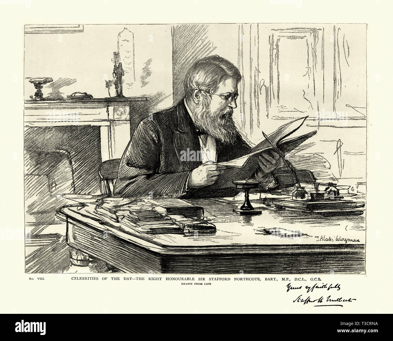 Vintage incisione di Stafford Northcote, 1° Conte di Iddesleigh noto come Sir Stafford Northcote, Bt, dal 1851 al 1885, è stato un conservatore britannico politico. Ha servito come Cancelliere dello Scacchiere tra il 1874 e il 1880 e come Segretario di Stato per gli affari esteri tra 1885 e 1886 Foto Stock