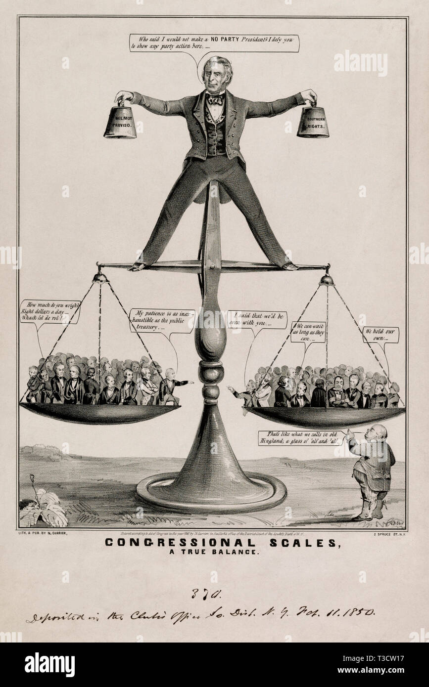 Scale congressuale, un vero equilibrio, satira NEGLI STATI UNITI. Presidente Zachary Taylor tenta di bilanciare il sud e il Nord interessi sulla questione della schiavitù, litografia, Nathaniel Currier 1850 Foto Stock