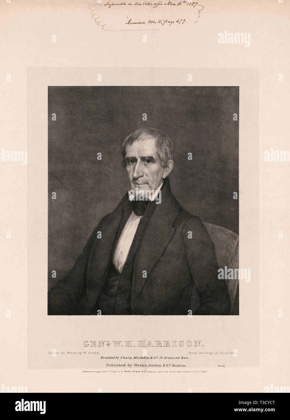 Genl. W. H. Harrison, tracciata su pietra da W. Sharp, dall'originale da A.G. Hoit, Settimane Giordania & Co. Publ., 1840 Foto Stock