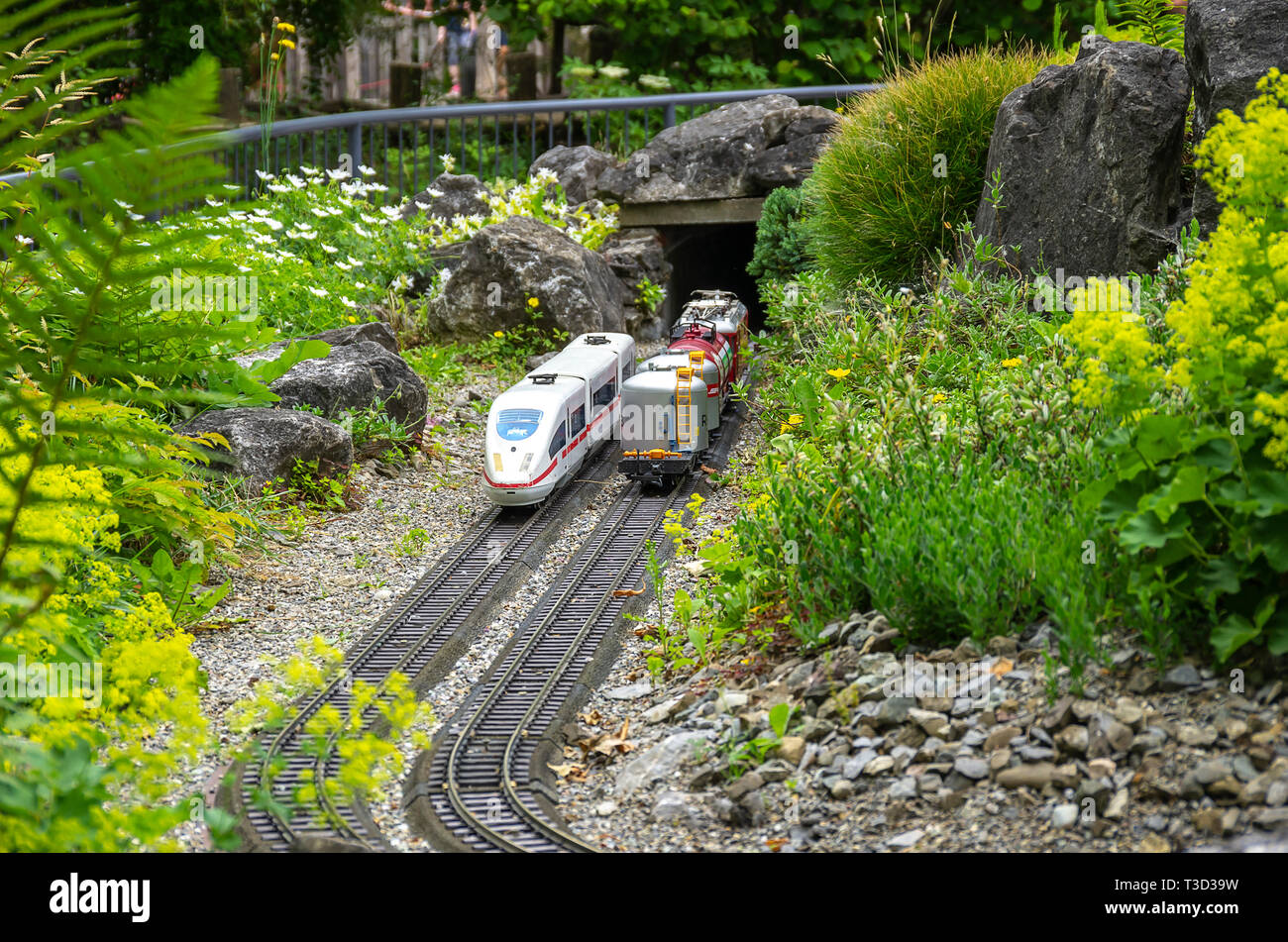 Modello di installazione ferroviarie sull'isola floreale di Mainau sul lago di Costanza, in Germania, in Europa. Foto Stock