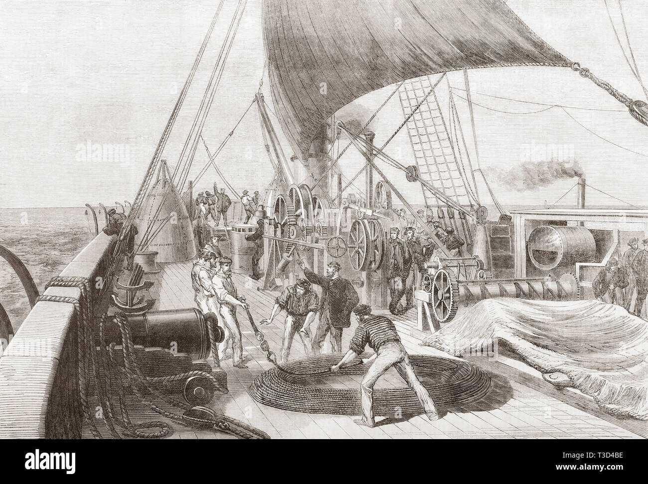 La preparazione per il tentativo finale per la benna mordente il perso Atlantic Telegraph cavo sul bordo della Great Eastern. Dal Illustrated London News, pubblicato 1865. Foto Stock