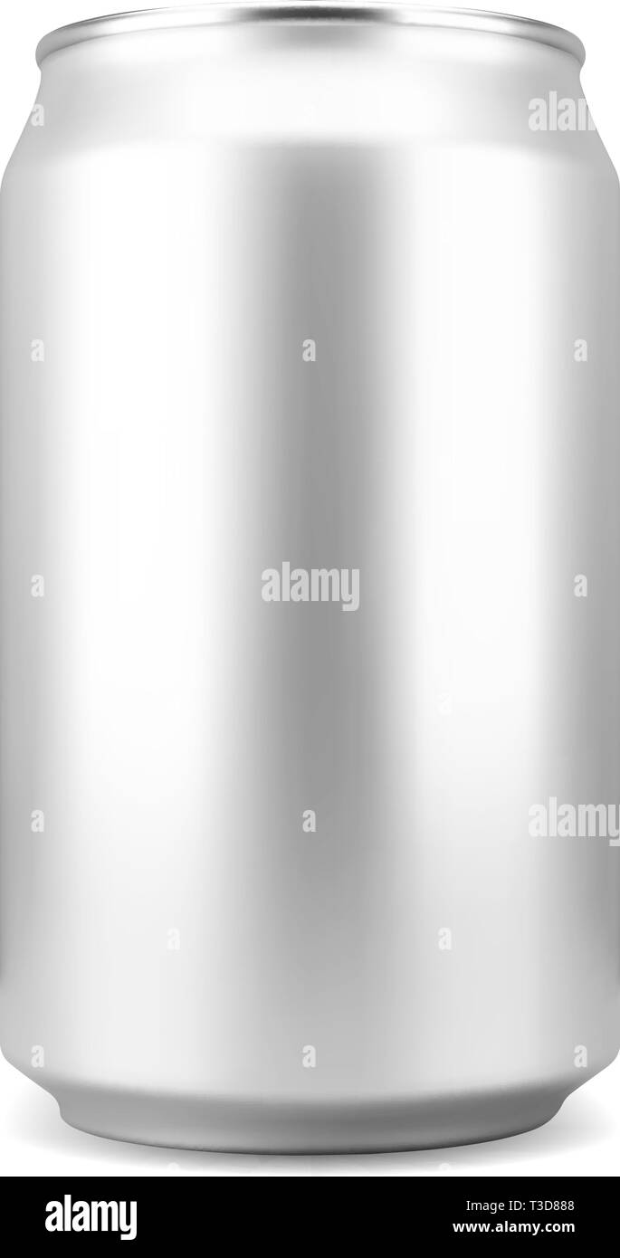 Realistico color argento alluminio soft drink o birra può, isolato su sfondo bianco. Illustrazione Vettoriale Illustrazione Vettoriale