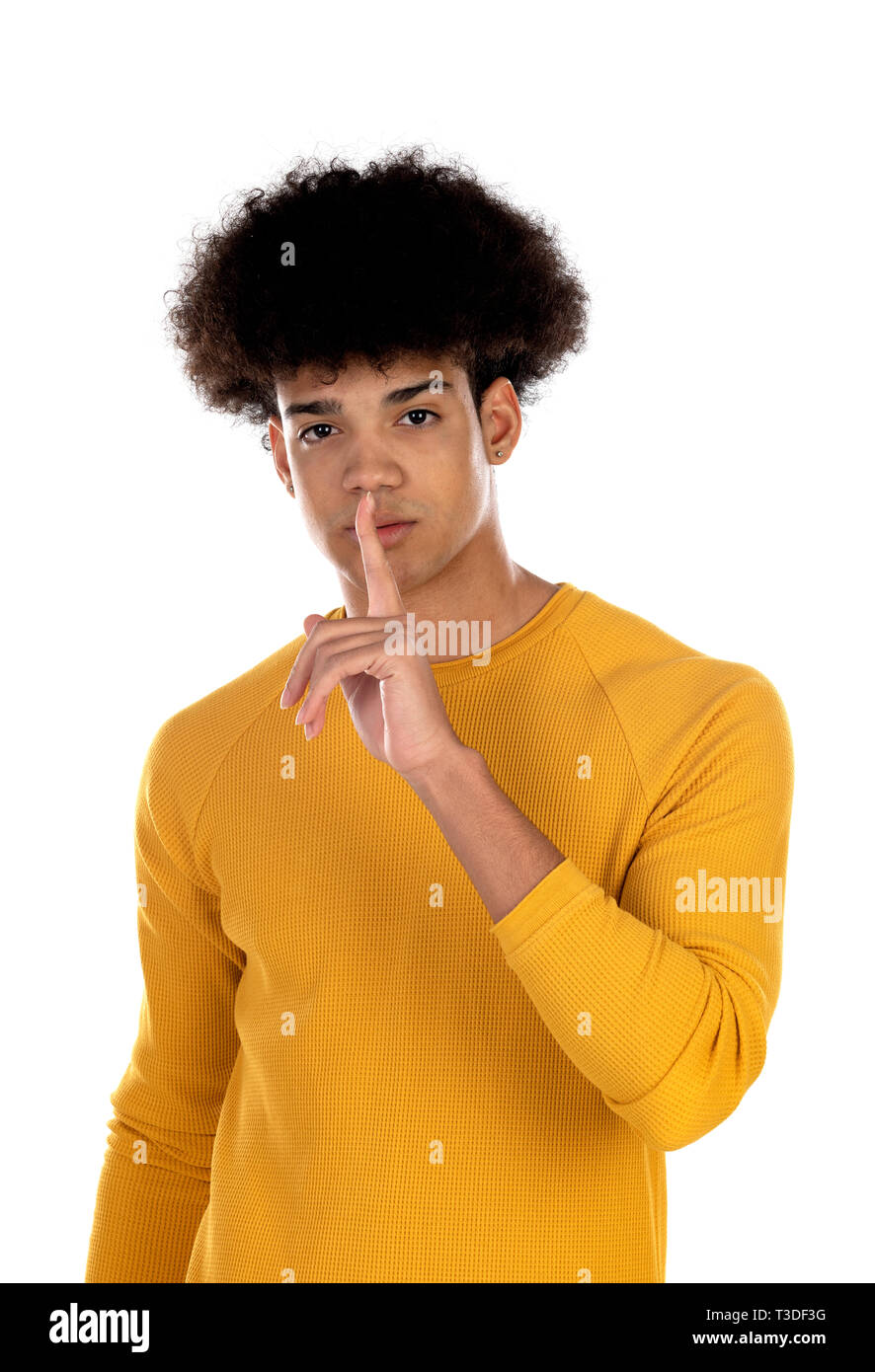 Afro ragazzo adolescente ordinazione di silenzio isolato su uno sfondo bianco Foto Stock