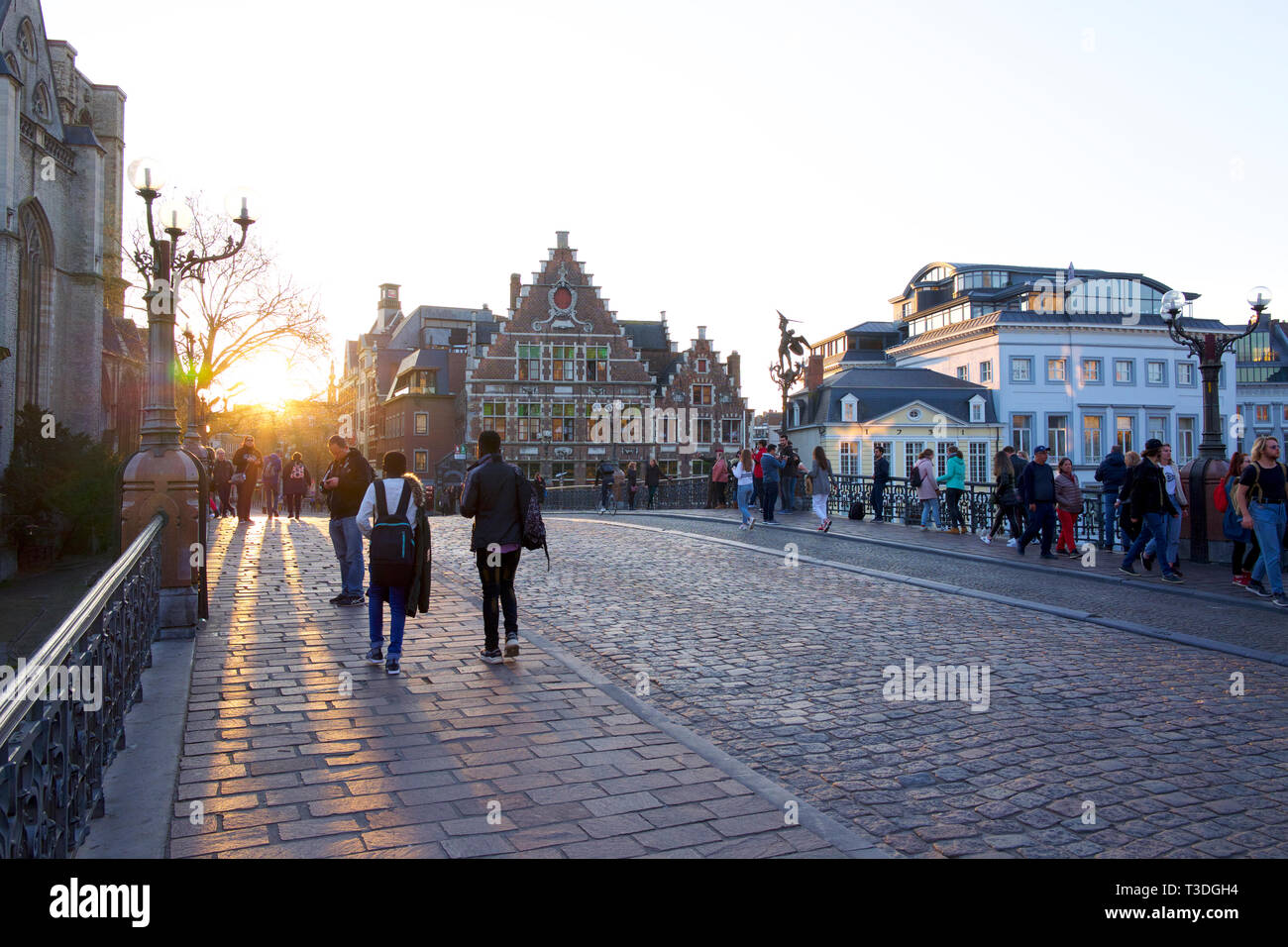Tramonto di sera nel centro storico di Gand, Belgio Foto Stock