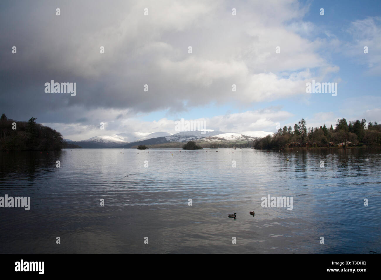 Il Fairfield Horseshoe sopra Ambleside dal lago Windermere su una Freddo giorno d'inverno il Lake District Cumbria Inghilterra Foto Stock