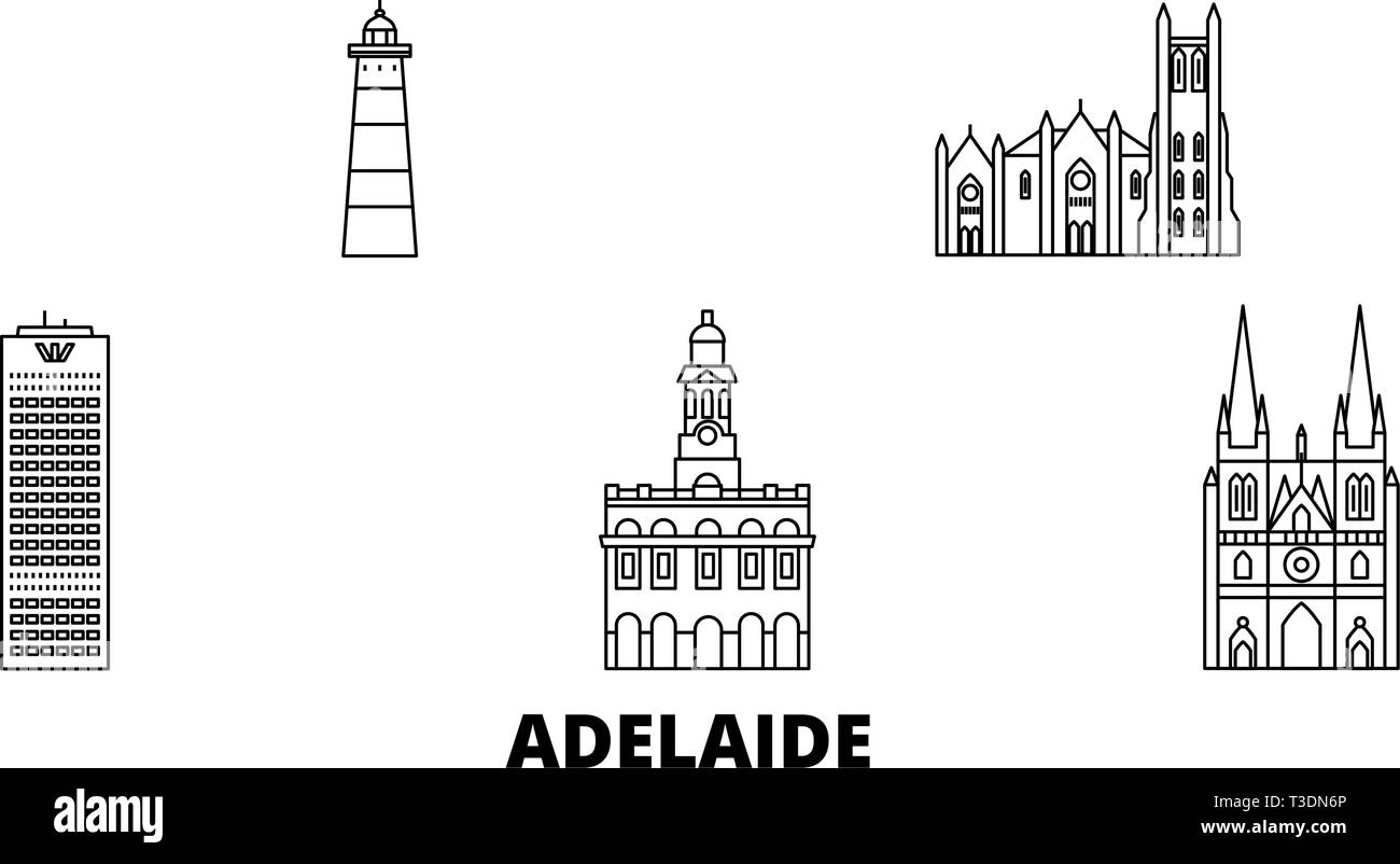 Australia, Adelaide linea skyline di viaggio set. Australia, Adelaide città outline illustrazione vettoriale, simbolo, siti di viaggi, punti di riferimento. Illustrazione Vettoriale