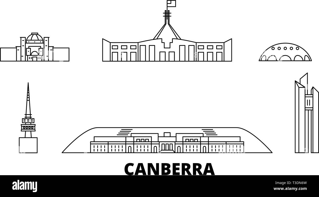 Australia, Canberra linea skyline di viaggio set. Australia, Canberra città outline illustrazione vettoriale, simbolo, siti di viaggi, punti di riferimento. Illustrazione Vettoriale